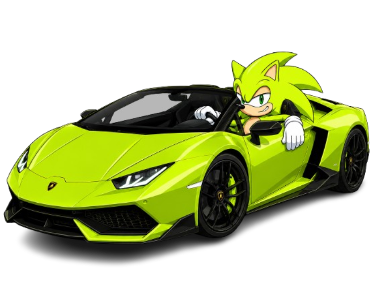 SONIC in a green Lamborghini